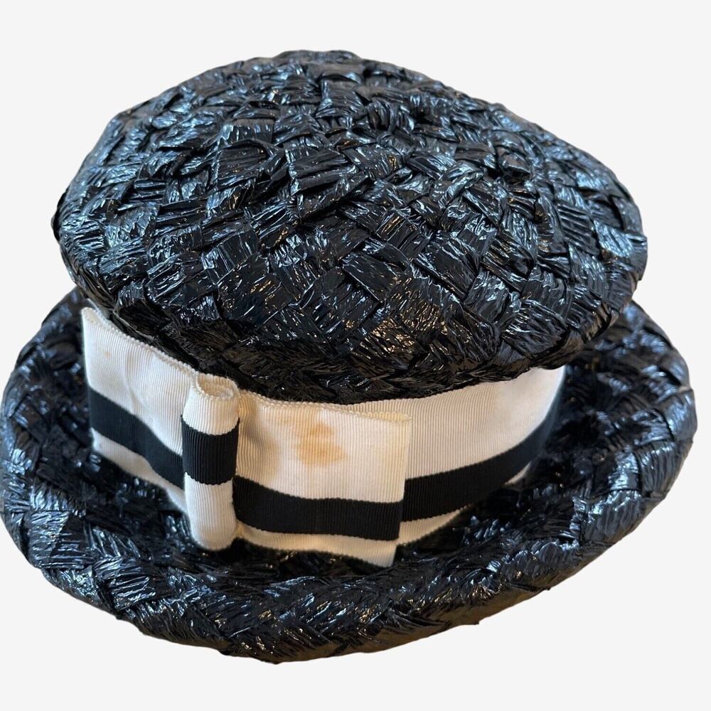 Roller Raffia Hat‎ Black With White Stripe Ribbon Band 1960s MidMod